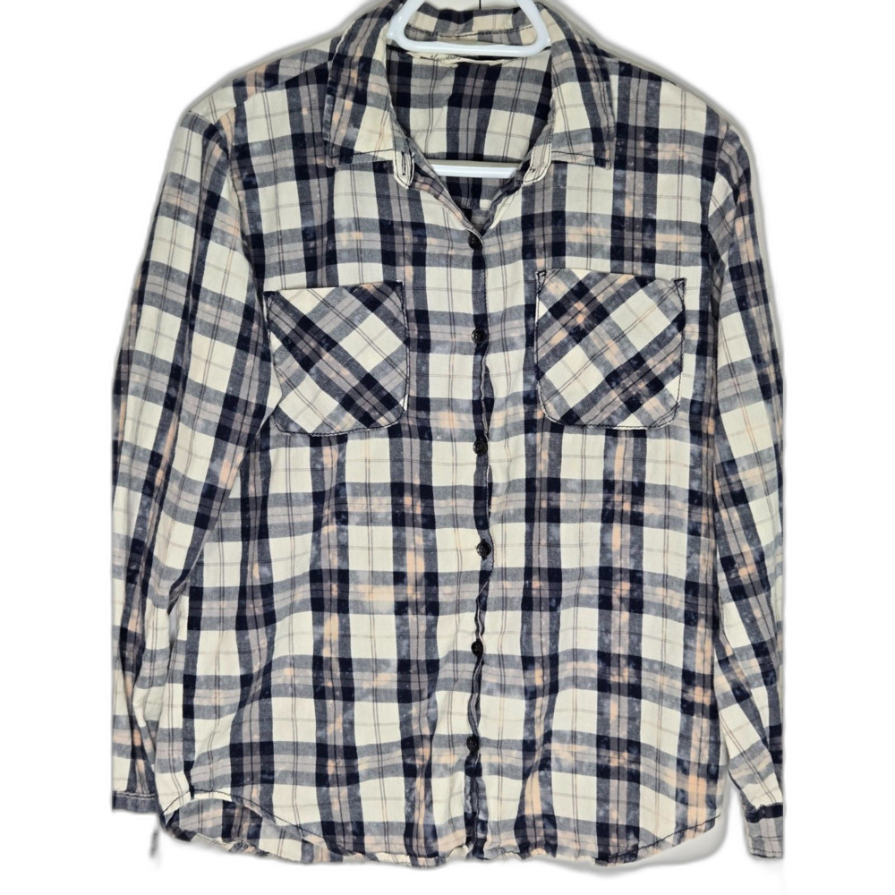 Vanilla Star Acid Wash Plaid Button Down Shirt | Women's Size Small | Navy Blue